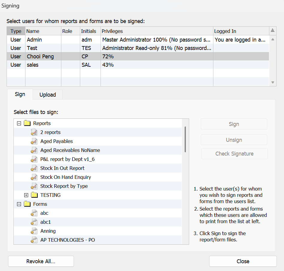 Signing a custom form for selected MoneyWorks users