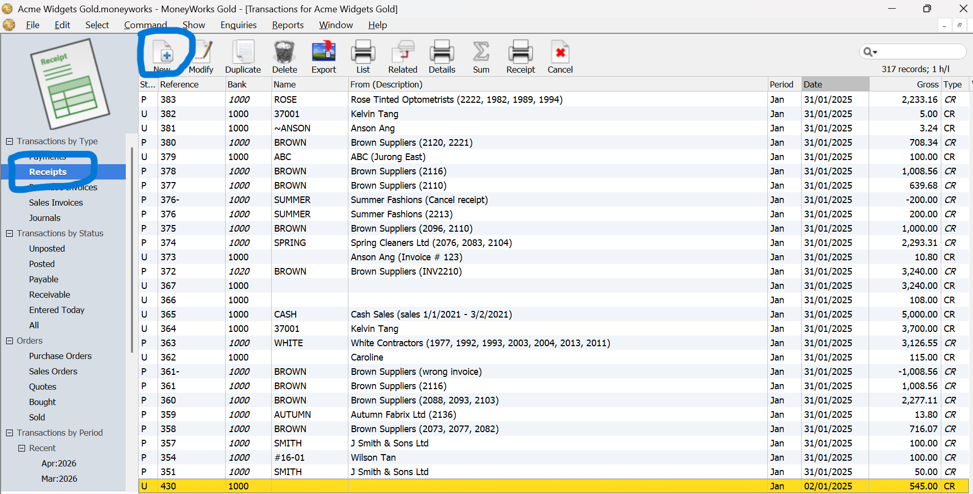 MoneyWorks Transactions list showing Receipts