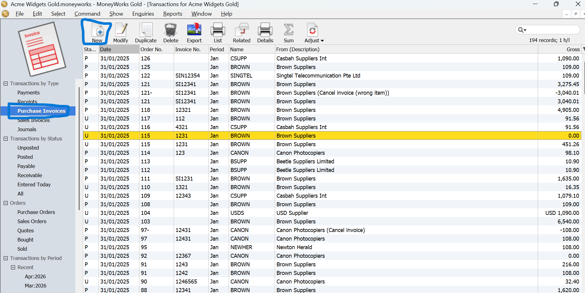 MoneyWorks Transactions list with Purchase Invoices selected