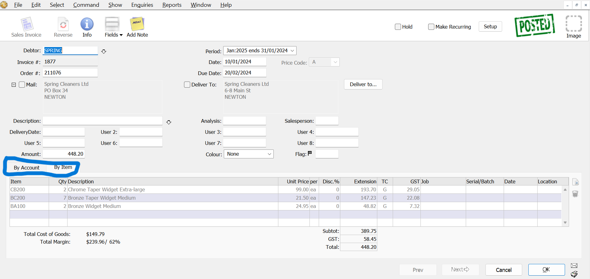 MoneyWorks sales invoice entry window with customer and item details
