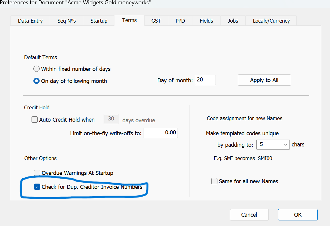 MoneyWorks Document Preferences with Check for Dup. Creditor Invoice Numbers enabled