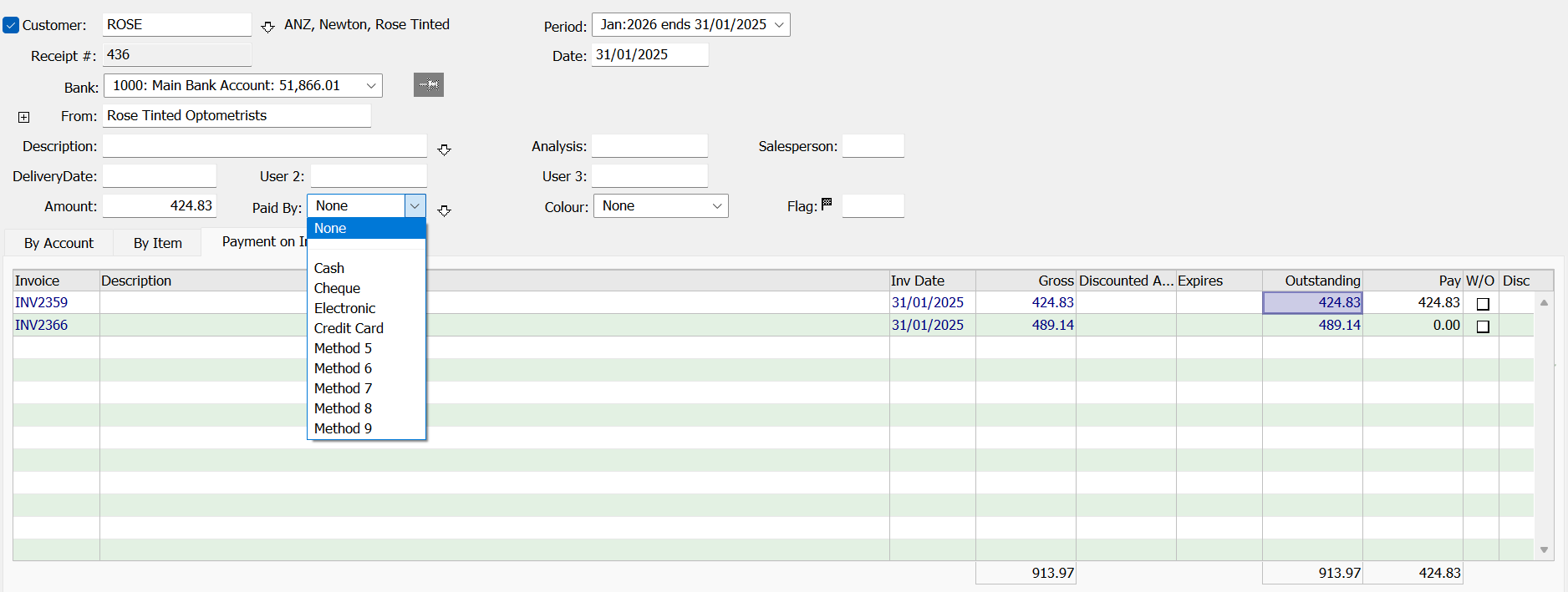 MoneyWorks receipt payment details including bank account and amount