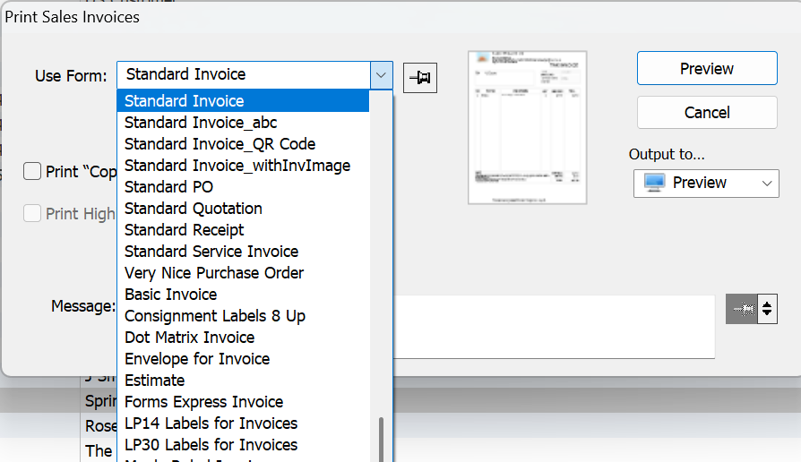 MoneyWorks Print Sales Invoices dialog with invoice form list