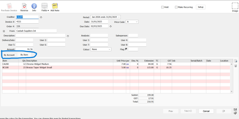 MoneyWorks purchase invoice lines entered by item with GST