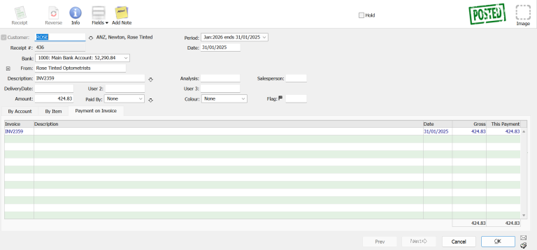 MoneyWorks receipt allocated to an outstanding sales invoice