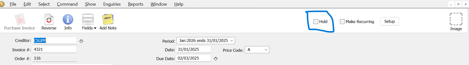 MoneyWorks purchase invoice toolbar showing the Hold checkbox