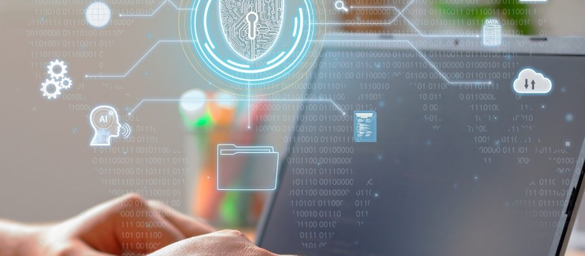 Vertical Photo of a Man using secure digital encryption technology, cybersecurity data protection privacy.